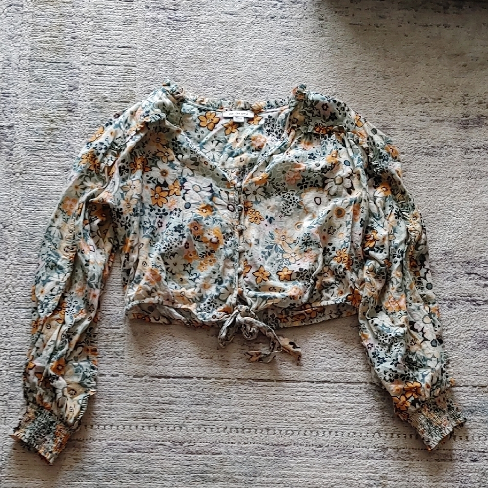 🍁2 For 20! AE Floral Cream Crop Blouse with Puff Sleeves - Picture 4 of 12